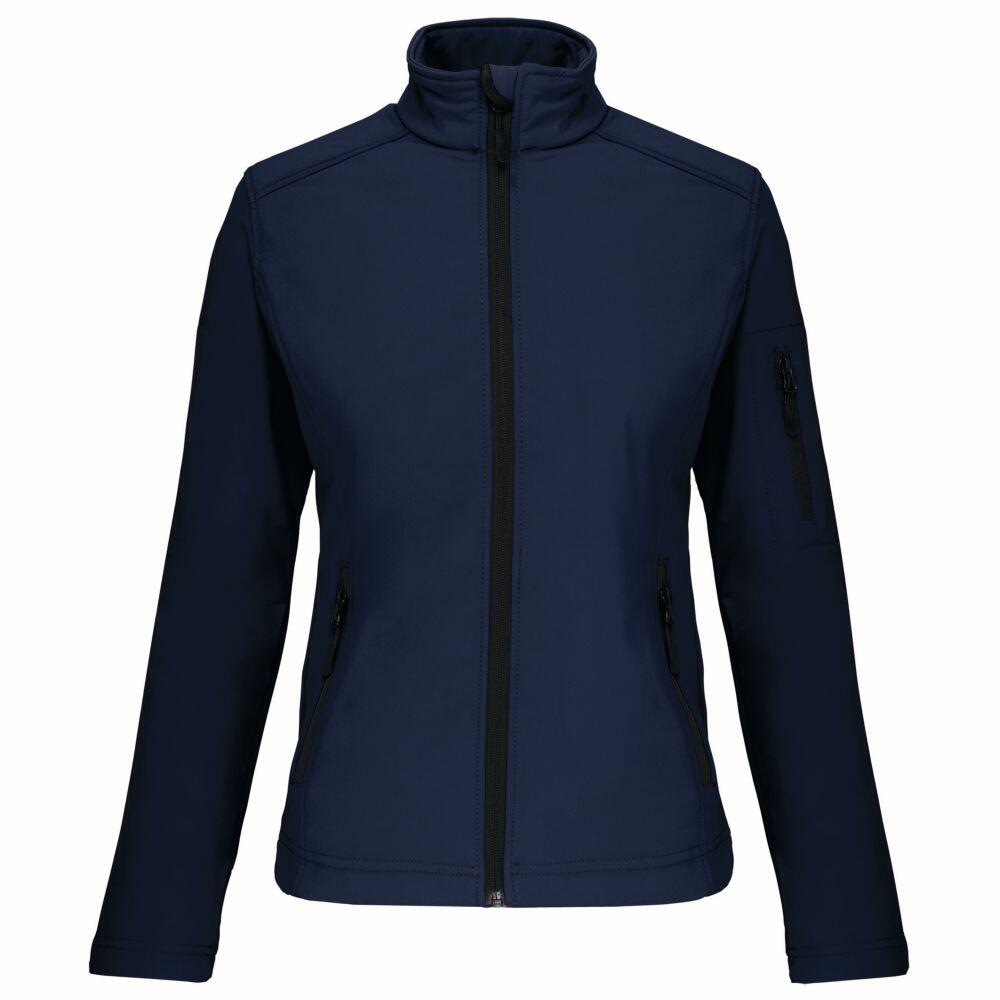 Introducing the Kariban KB400: a navy blue softshell jacket featuring a high collar and zip closure, complete with convenient zippered pockets on the chest and sides.