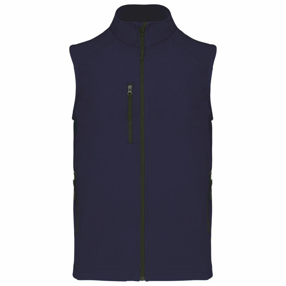 A front view of the Kariban KB403, a dark blue sleeveless vest featuring a zip-up front and two side pockets, displayed on a plain background.