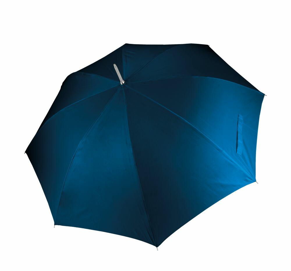 The KI003 umbrella by KiMood is open, showcasing its smooth, large, dark blue canopy and metallic handle against a white background.