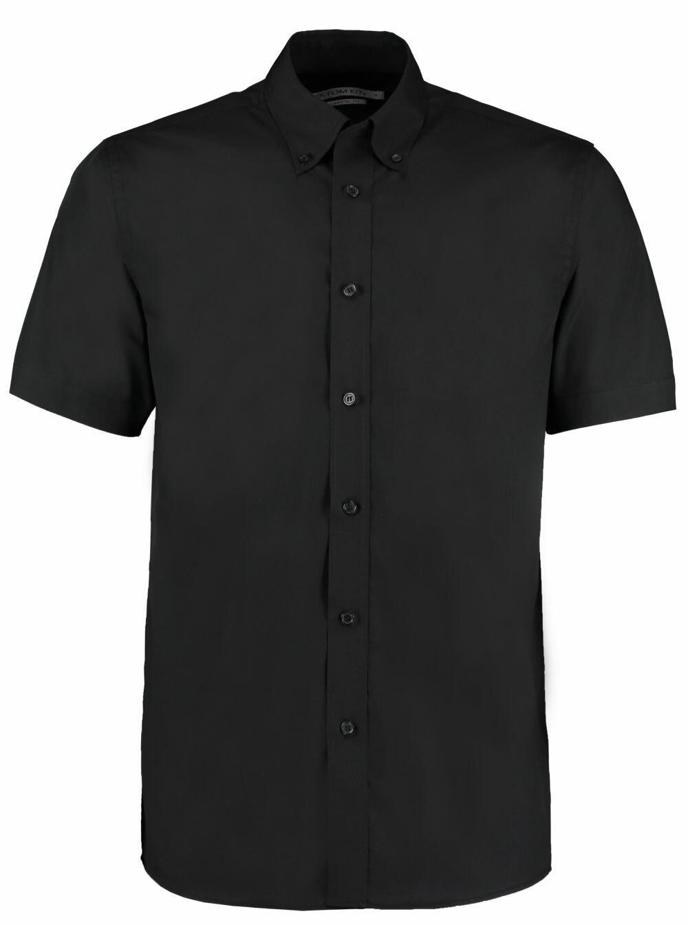 The KK100 by Kustom Kit is a short-sleeved black button-up shirt with a collar, showcased against a plain white background.