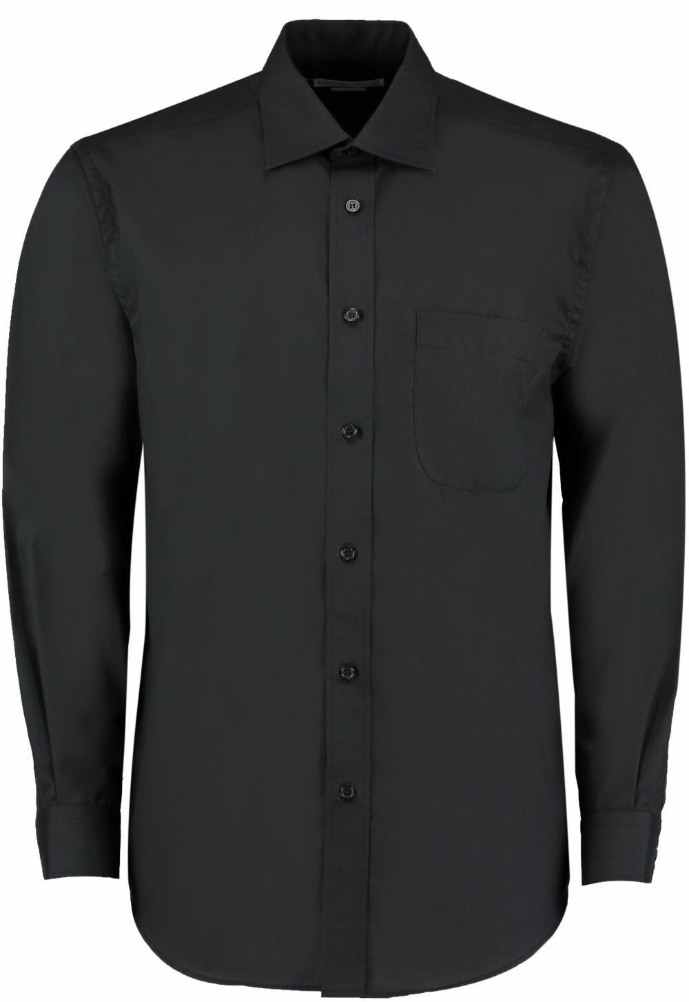 A Kustom Kit KK104 long-sleeved black dress shirt featuring a front pocket and buttons.