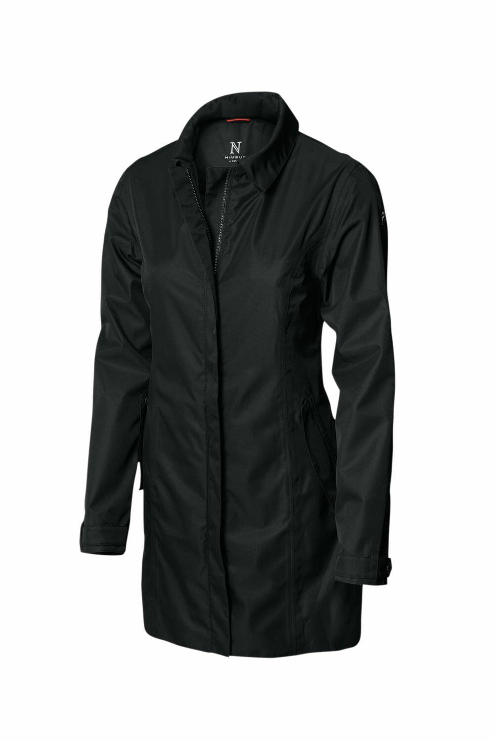A Nimbus NB51F coat in black, featuring a knee-length design with a collar and long sleeves, showcased against a white background.