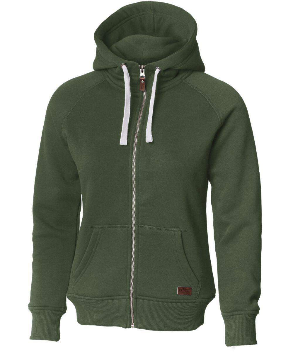 Introducing the NB55F, a green zip-up hoodie from Nimbus. This stylish piece features white drawstrings, a convenient front pocket, and long sleeves. A leather patch detail graces the bottom of the hoodie. The product is showcased on a white background for clarity.