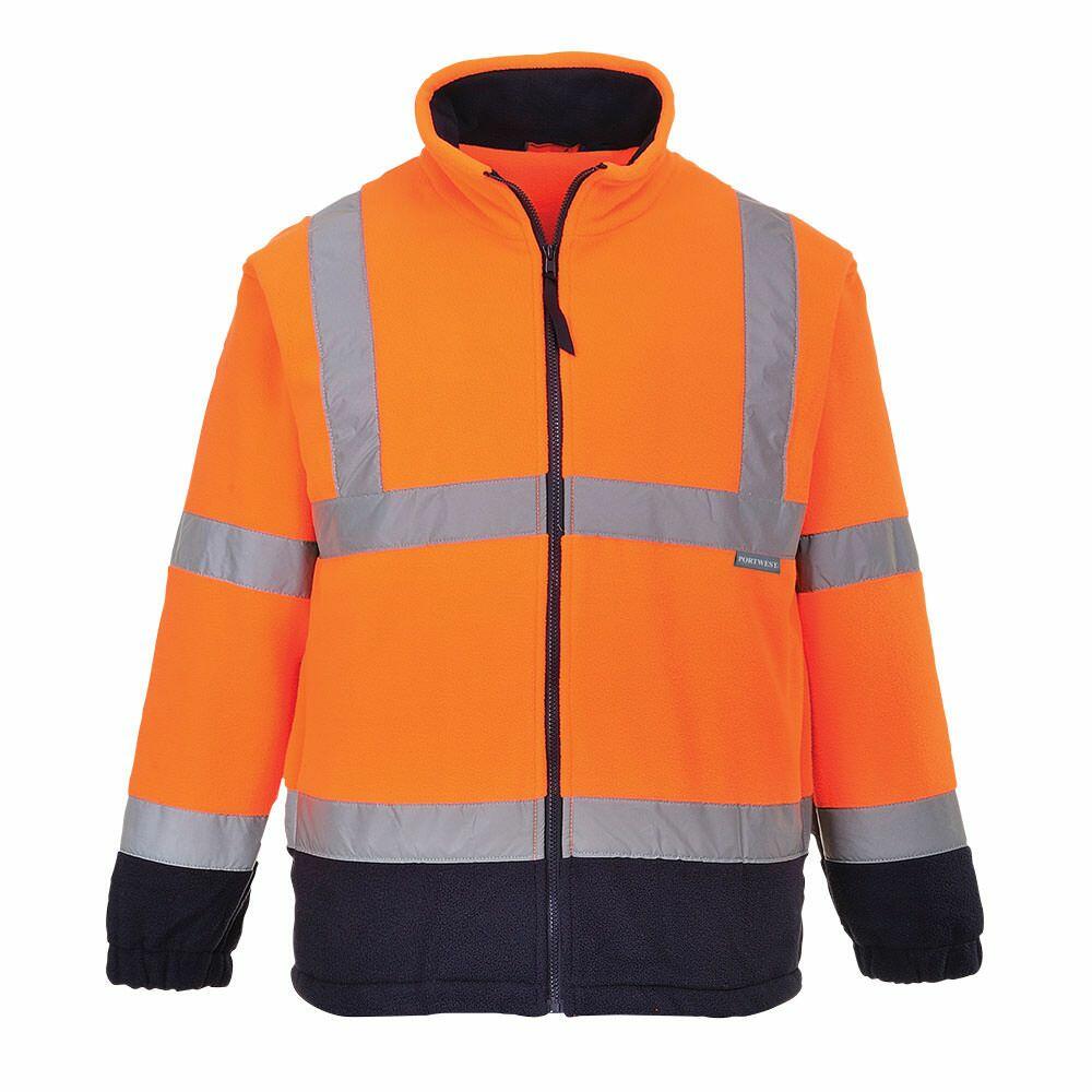 Portwest PW963 jacket in high-visibility orange, featuring reflective silver stripes, a black lower section, and a front zipper.