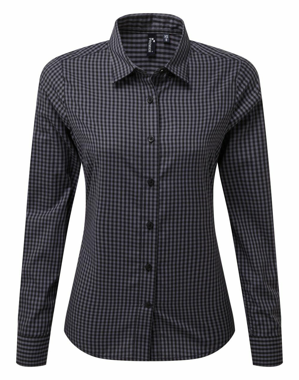 Premier's PR352 long-sleeve shirt features a black and gray small gingham checkered pattern, complete with a button-down front and a classic collar. It is displayed against a plain white background.