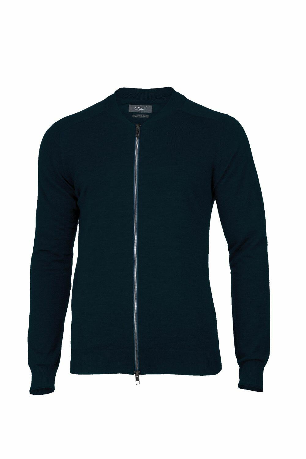 A Nimbus NB93M zip-up cardigan in dark green featuring long sleeves and ribbed cuffs, showcased against a white background.