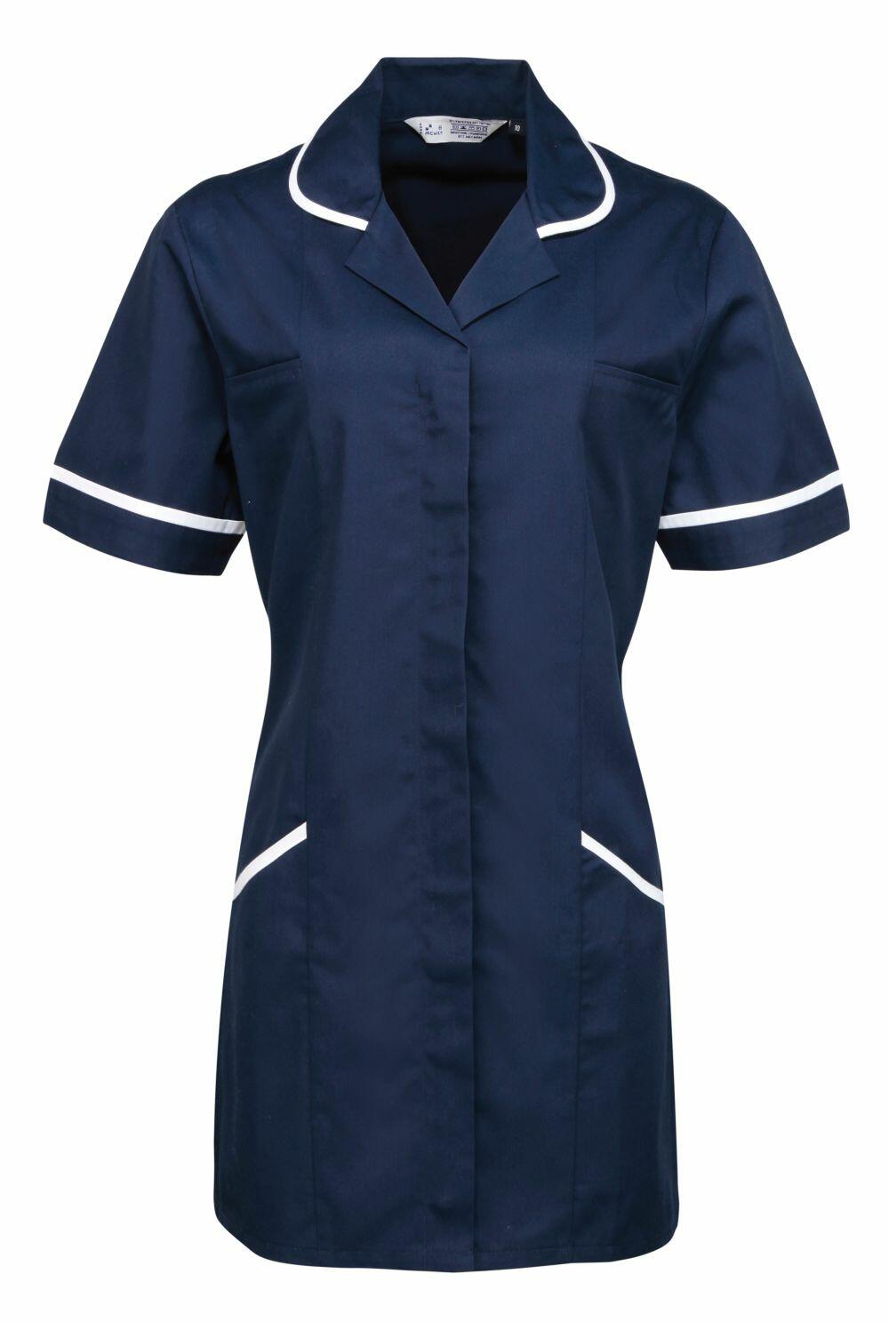 The PR604 from Premier is a navy blue nurse uniform featuring white trim on the collar, sleeves, and pockets.