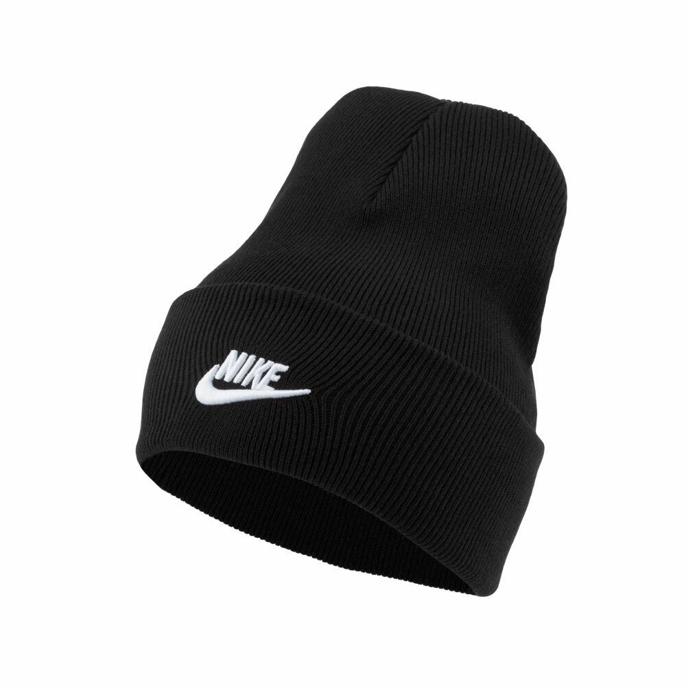 NK334 black knit beanie featuring an embroidered white logo on the front by Nike.