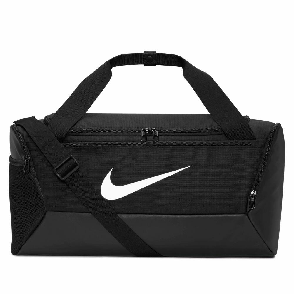 Introducing the NK364, a black duffel bag from Nike, showcasing the iconic white swoosh logo. It comes equipped with a convenient top zipper, a handy side pocket, and an adjustable shoulder strap for comfort.
