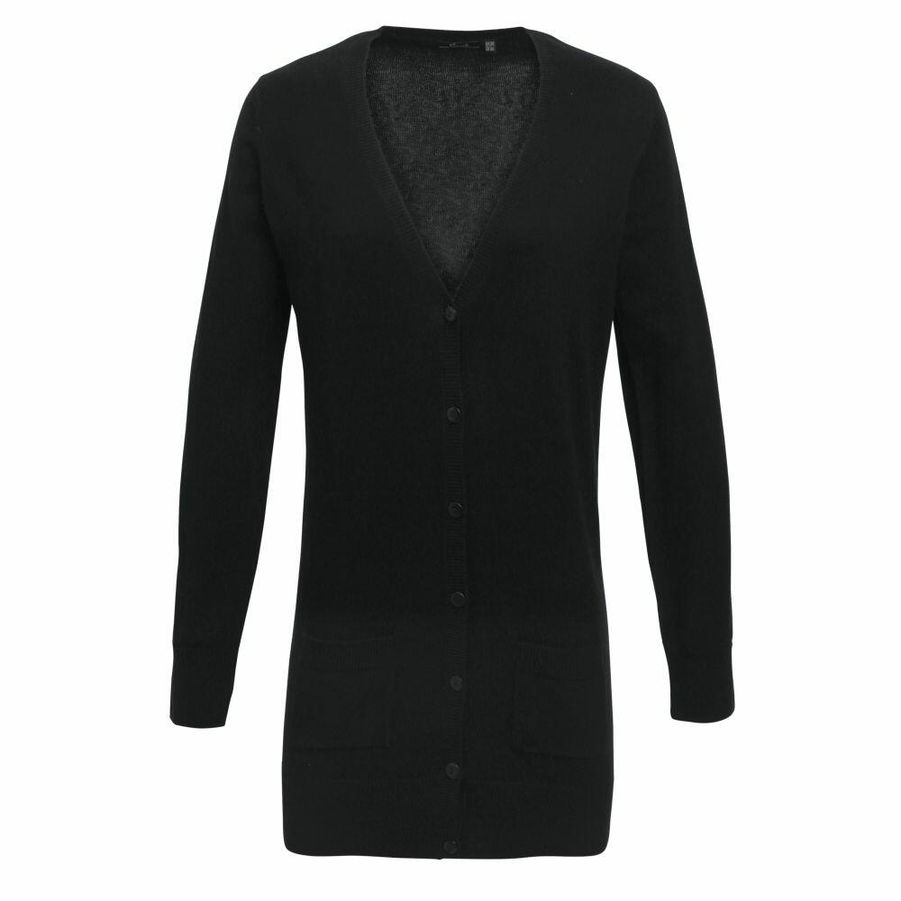 A Premier PR698 black V-neck cardigan featuring long sleeves and front buttons, showcased on a white background.