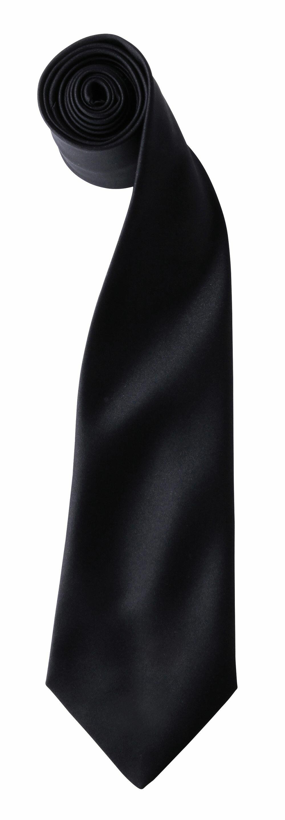 A rolled-up Premier PR750 black silk necktie set against a white background.