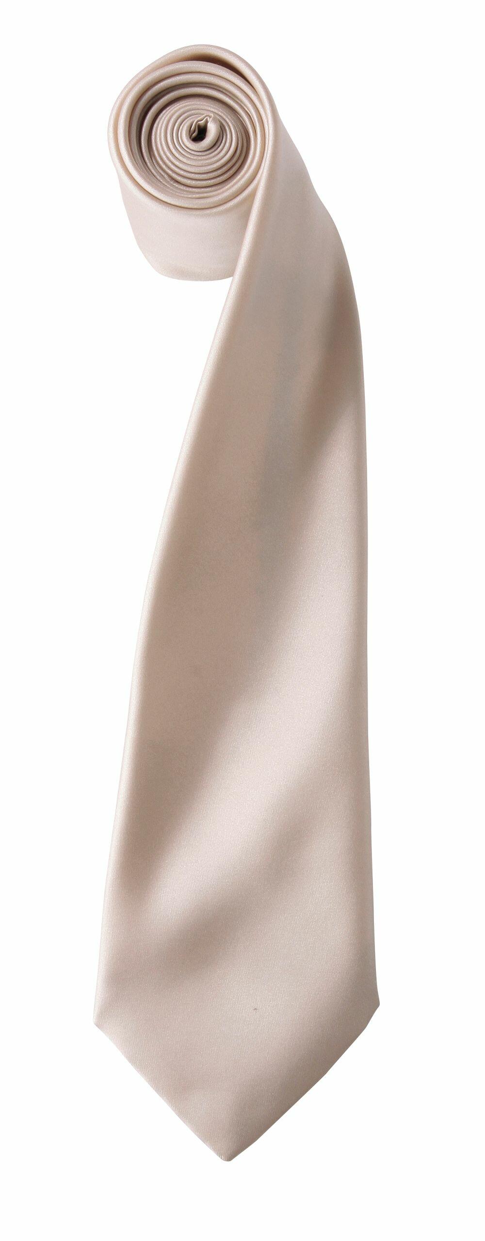 A close-up view of a rolled beige Premier PR750 silk necktie on a white background. The necktie's texture is smooth and shiny, giving it an elegant appearance.