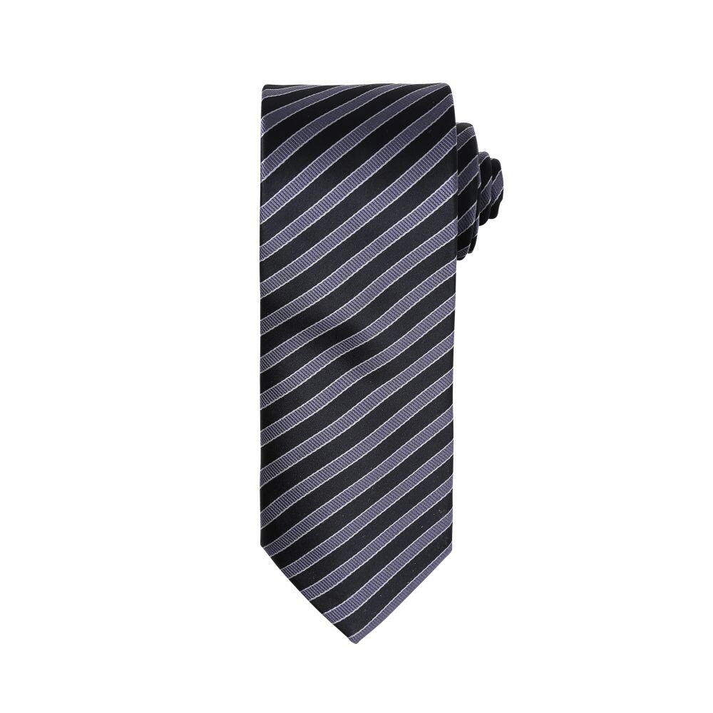The Premier PR782 is a black necktie adorned with diagonal silver stripes, neatly folded.