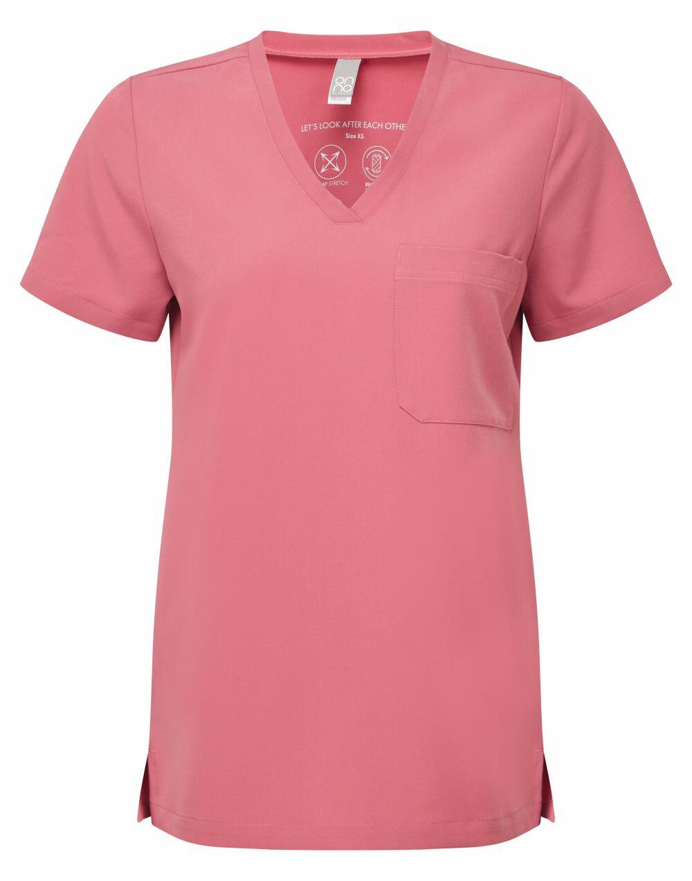 Onna by Premier's NN300: a pink short-sleeved V-neck scrub top featuring a chest pocket, showcased against a white background.