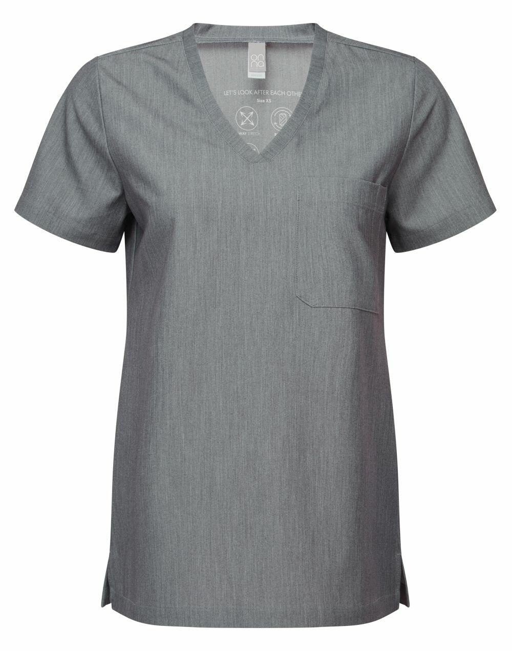 NN300 by Onna by Premier is a gray short-sleeve scrub top featuring a V-neck and a chest pocket, showcased on a white background. The fabric looks soft and comfortable, ideal for medical or healthcare environments.