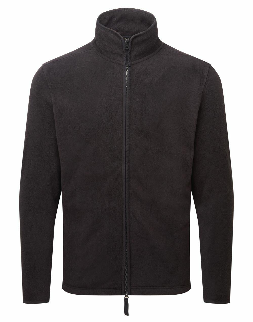 The Premier PR823 jacket, featuring a full zip and high collar in black fleece, is displayed against a white background.