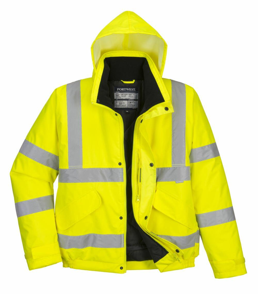 The PW001 jacket by Portwest is a yellow high-visibility garment with reflective stripes, equipped with a hood and multiple pockets.