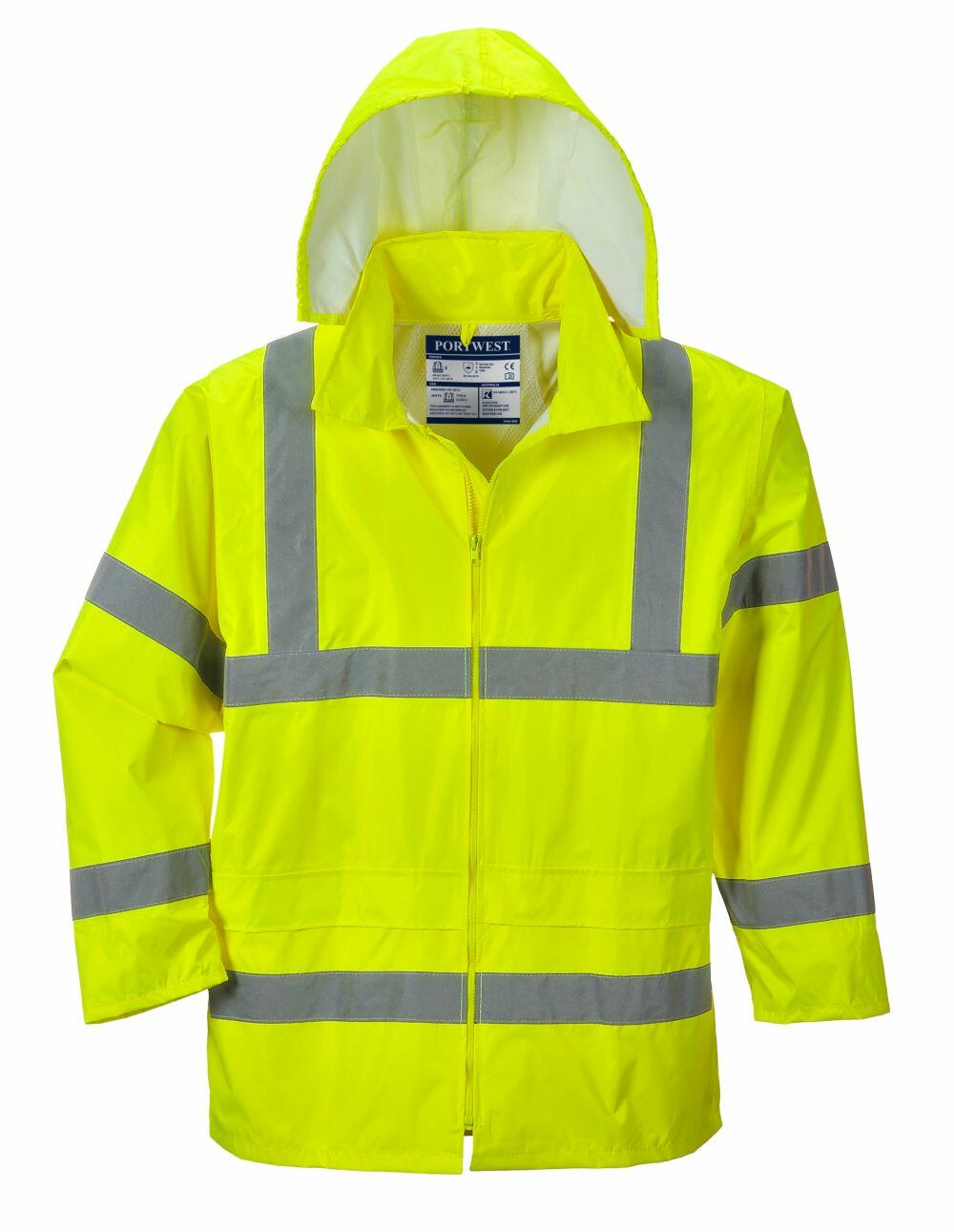 A Portwest PW011 waterproof jacket in bright yellow with reflective stripes and a hood, showcased against a white background.
