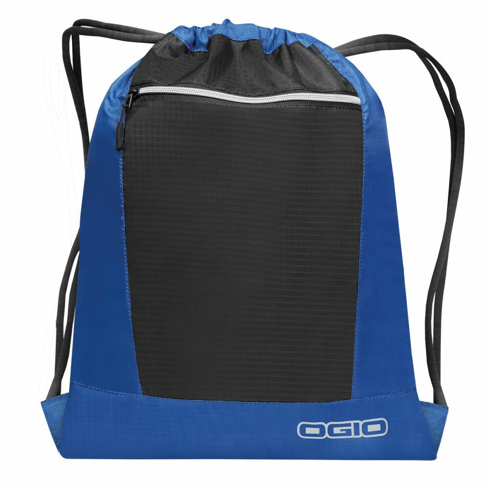 A blue and black drawstring backpack, featuring the brand logo "Ogio" at the bottom right corner and a front zippered pocket, product name OG025.