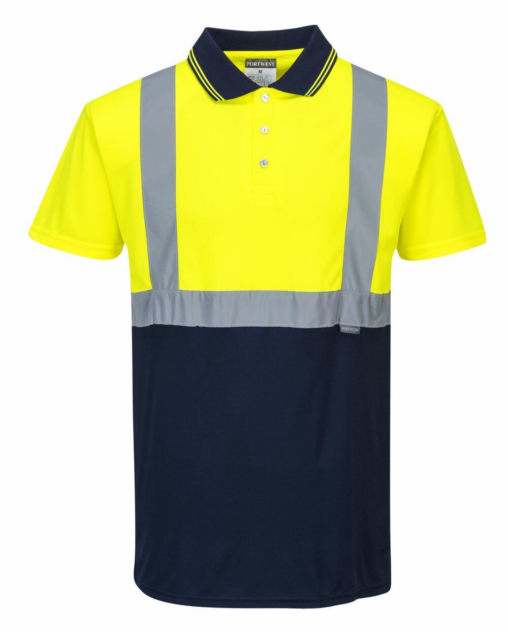 The Portwest PW109 is a high-visibility polo shirt with short sleeves, designed with a yellow fabric on the top half and dark blue on the bottom, complemented by reflective gray stripes across the chest and shoulders.