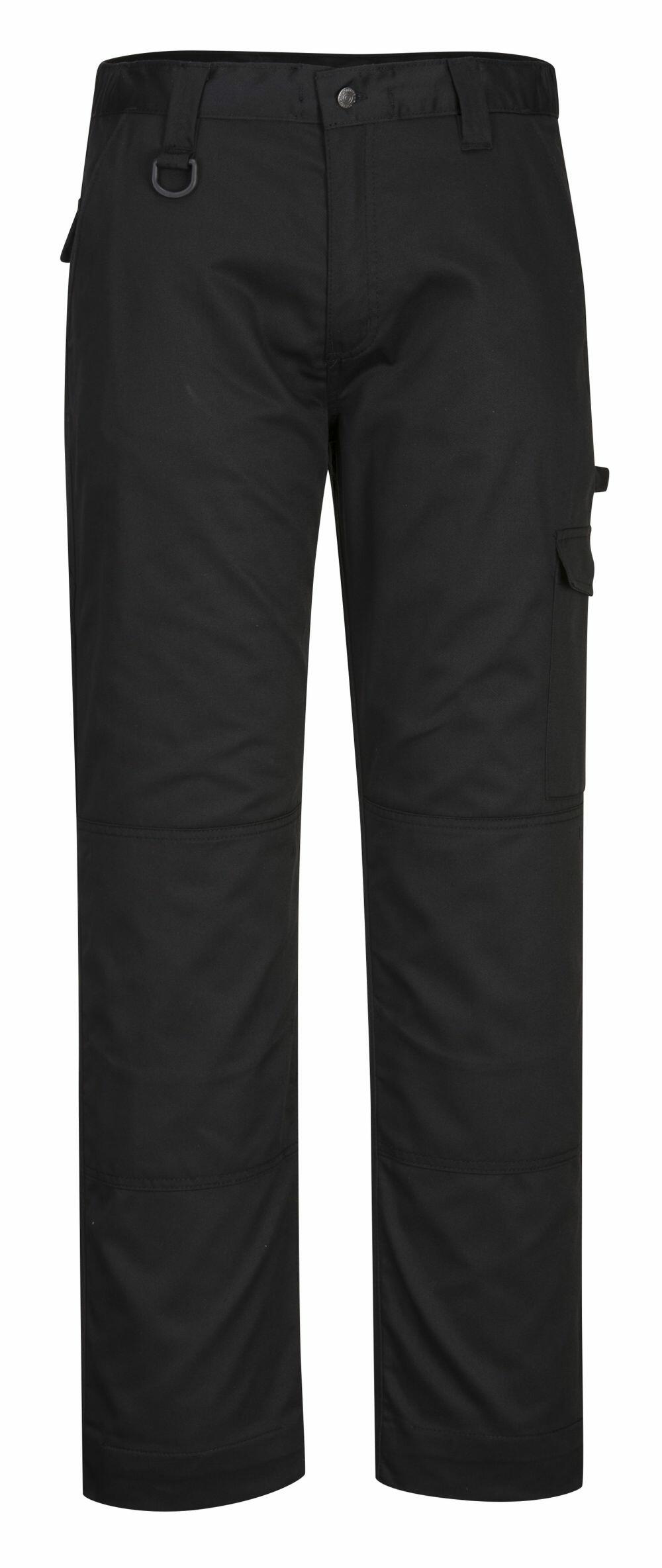 Portwest PW123 cargo pants in black, featuring pockets, belt loops, and a button closure on the waistband.