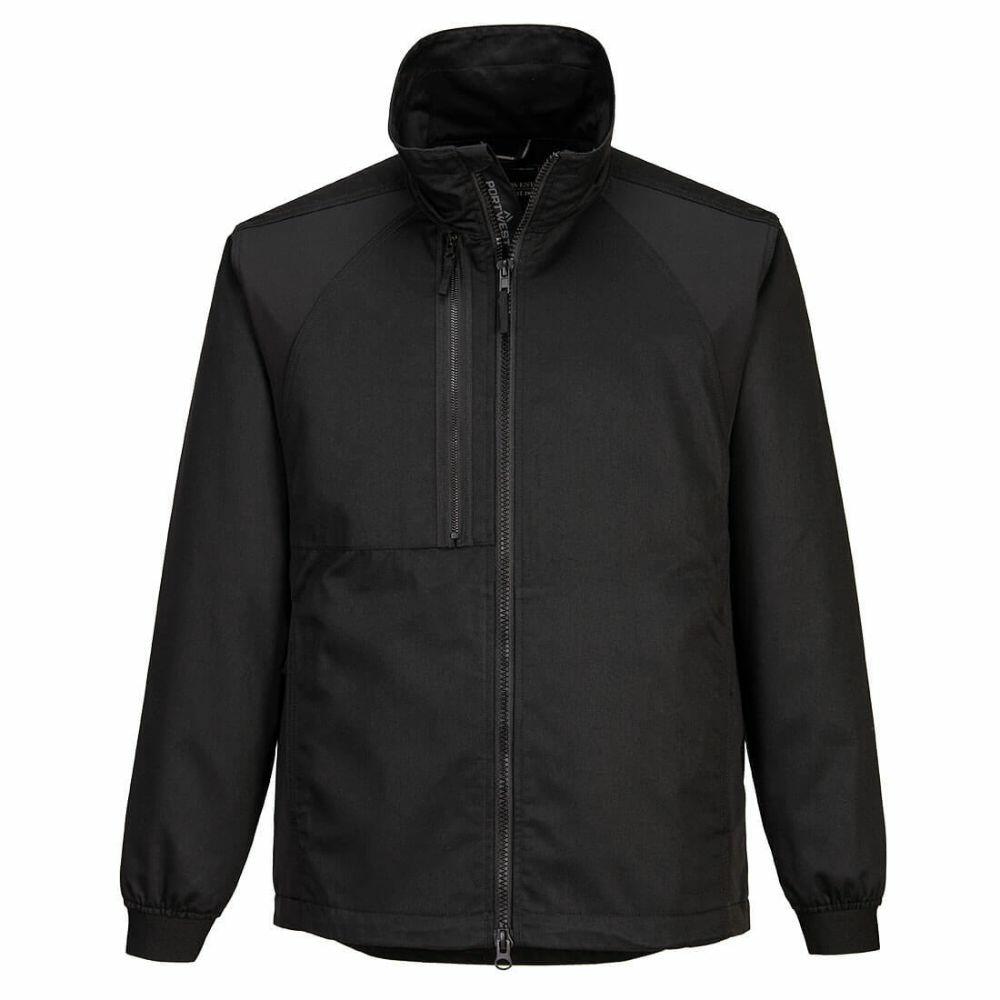 The PW125 jacket by Portwest is a black zip-up with a high collar, elastic cuffs, and a vertical chest pocket.