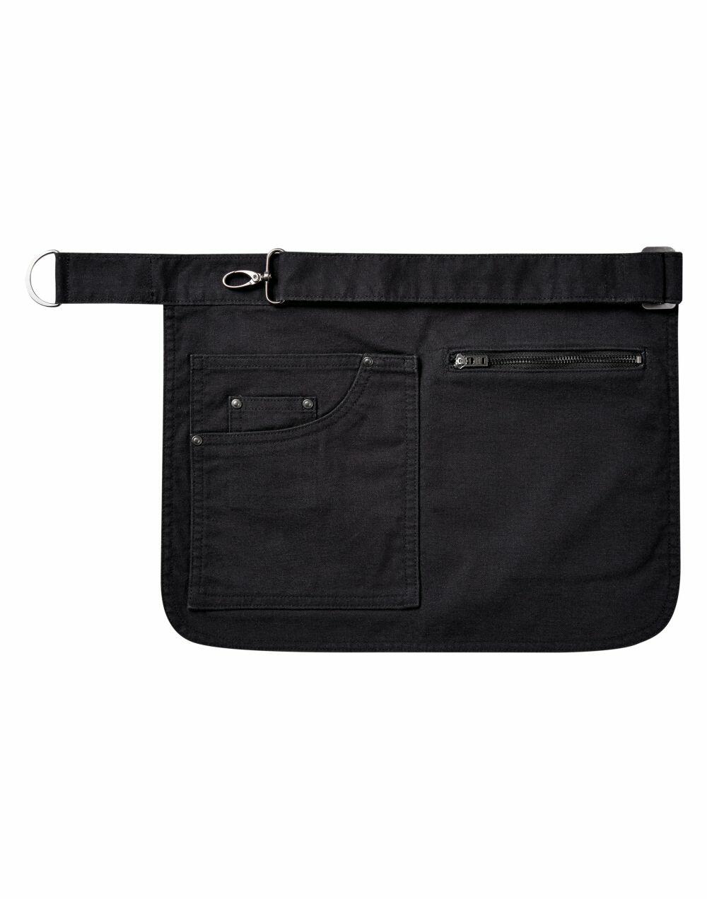 The Premier PR138 is a black waist apron that includes a pocket, zipper, adjustable strap, and a small metal loop on the left.