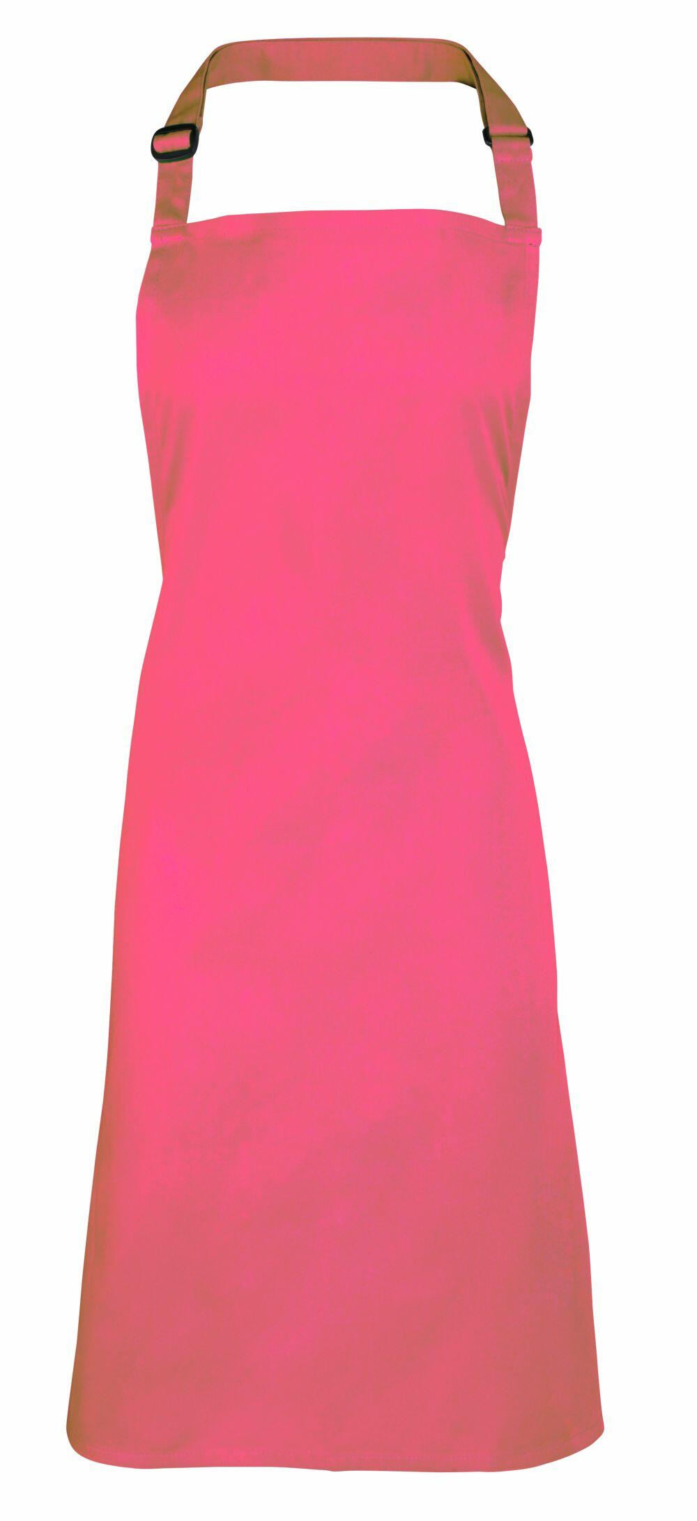 A bright pink Premier apron, model PR150, with an adjustable neck strap, displayed on a plain white background.