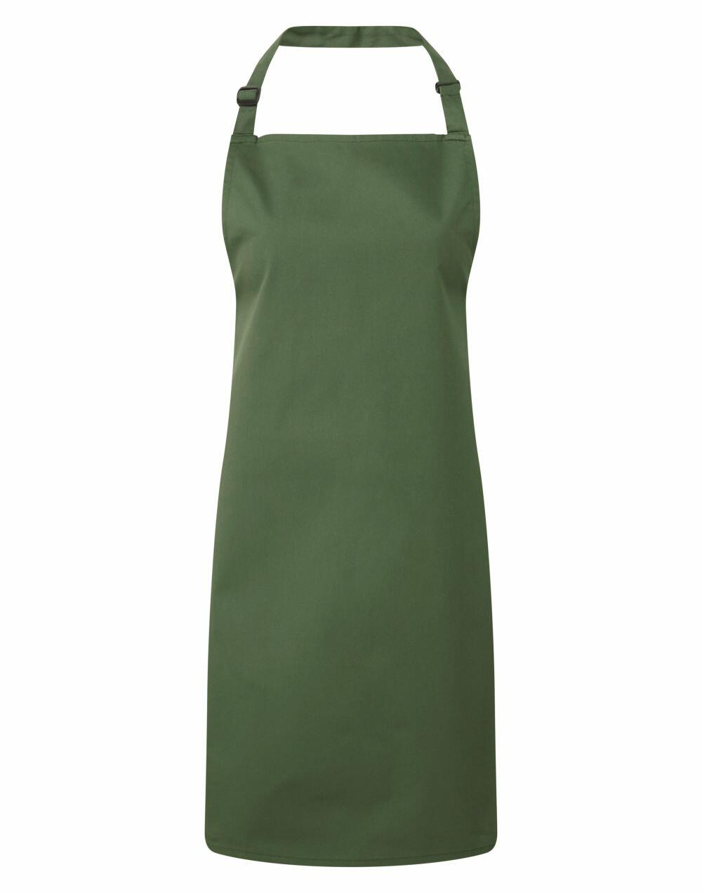 Premier's PR150 apron features a plain green design with a neck strap and waist ties, showcased against a white background.