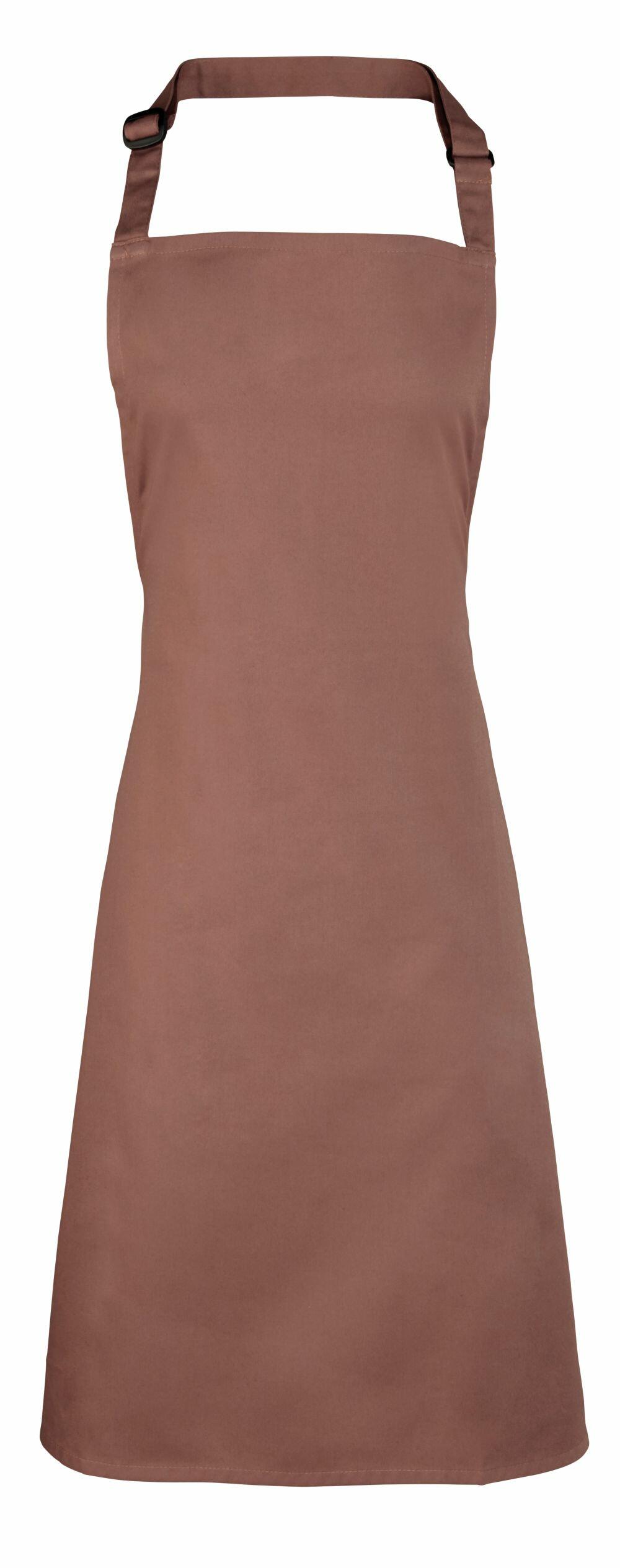 The Premier PR150 apron features a plain brown design with an adjustable neck strap and two side ties. It is crafted from smooth fabric and is displayed flat against a white background.
