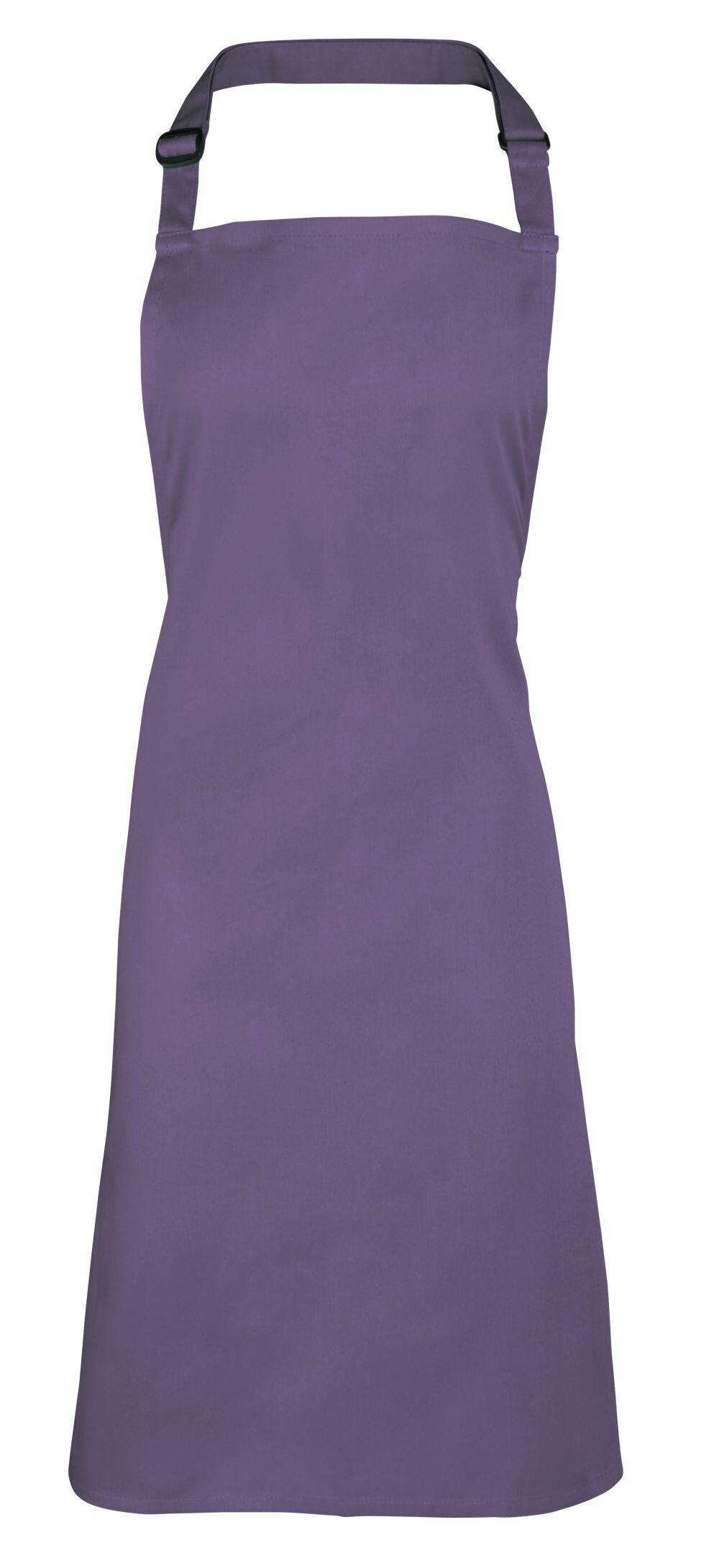A Premier PR150 apron in purple, featuring an adjustable neck strap and two side waist straps, displayed against a white background.