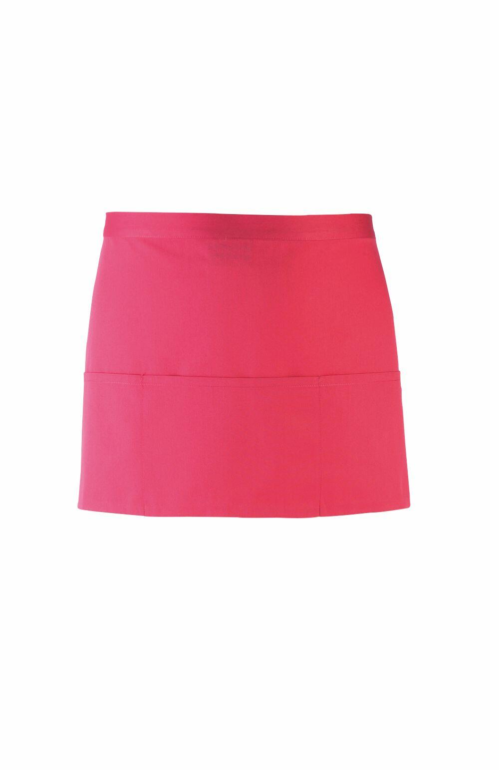 The Premier PR155 is a waist apron in a vibrant pink shade, designed with simplicity and functionality in mind. It features two front pockets and is crafted from smooth, durable fabric, making it perfect for cooking or serving tasks.