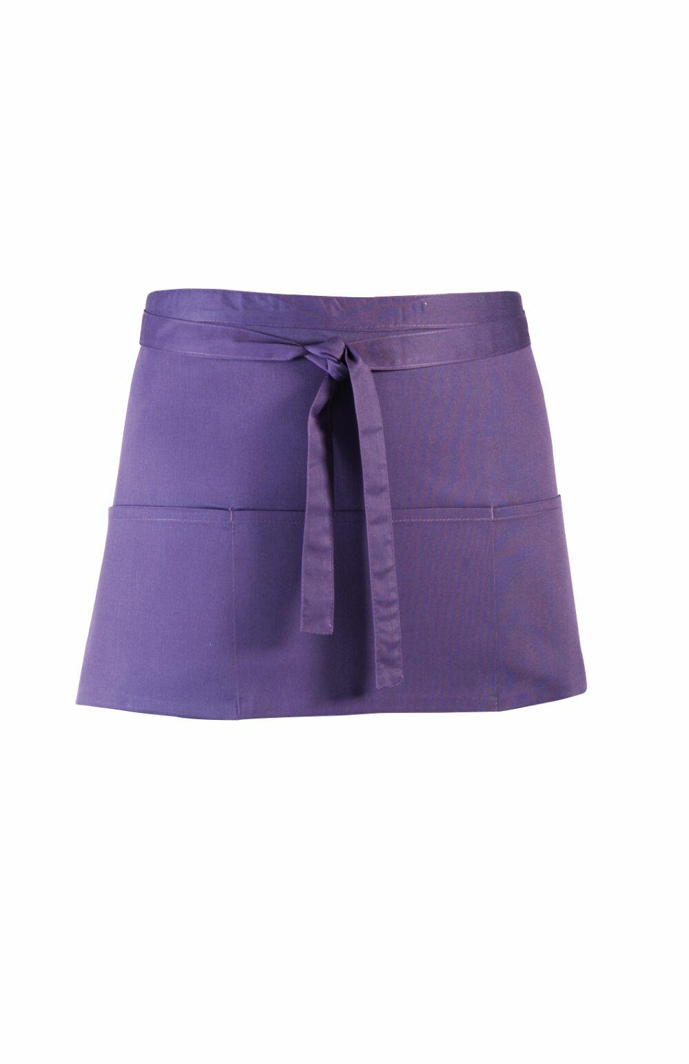 A Premier half-apron in purple, featuring a waist tie and two front pockets.