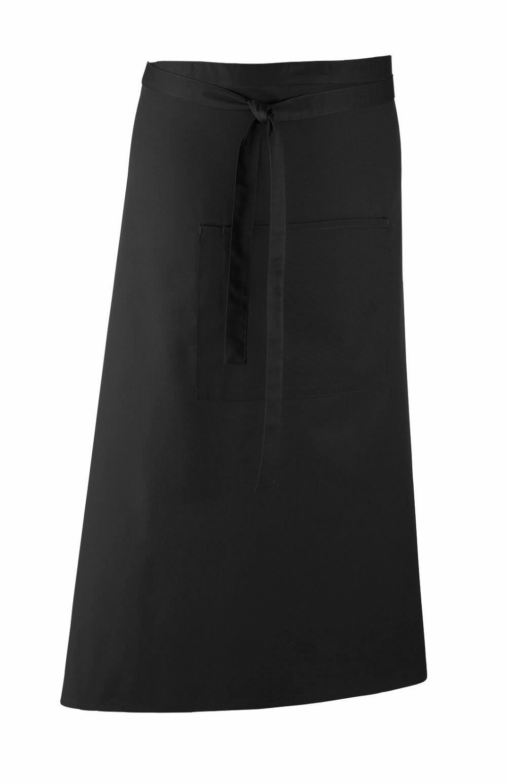 A Premier PR158 waist apron in black, featuring a front pocket and tie straps.