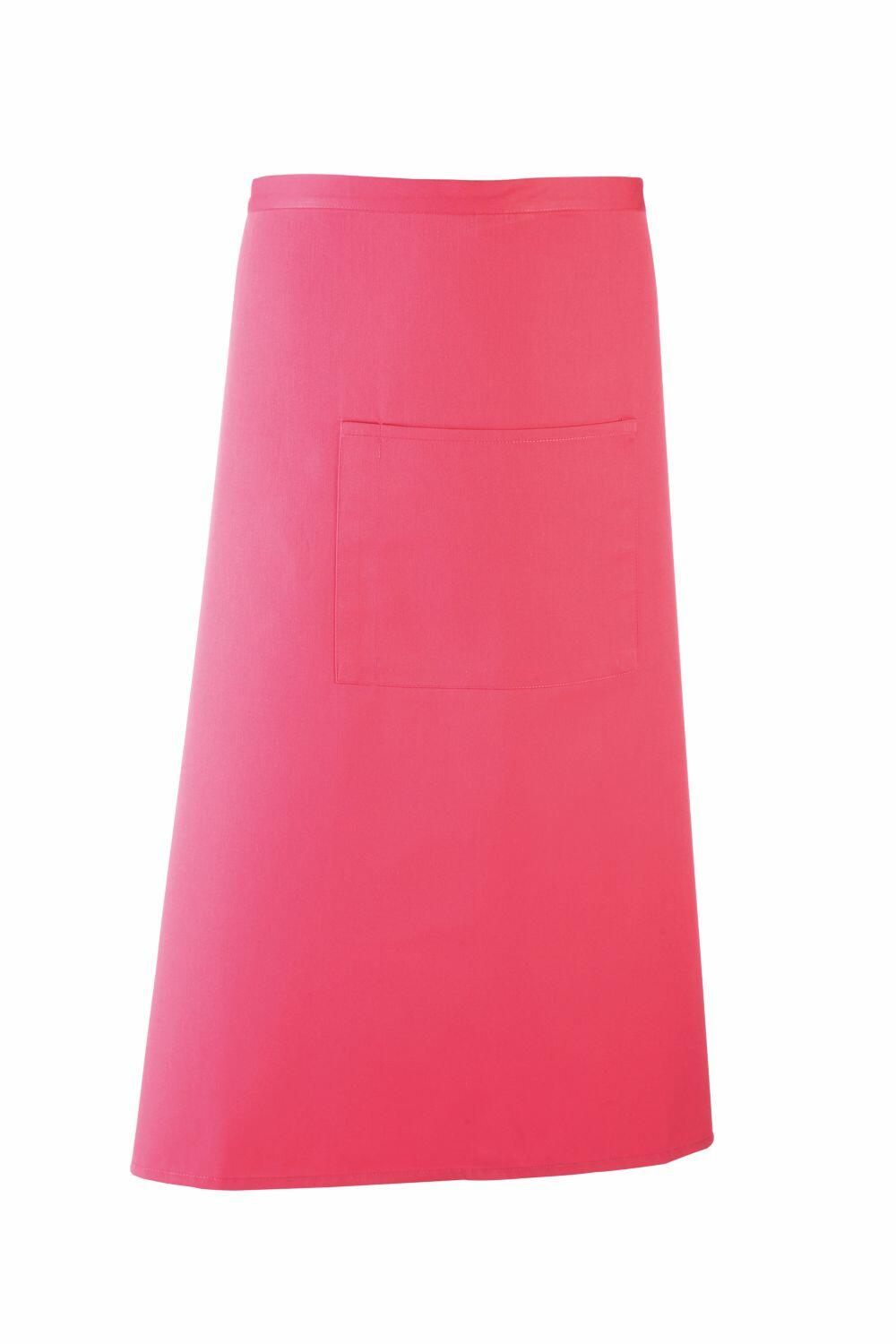 A vibrant pink apron, Premier's PR158, featuring a single front pocket and displayed against a plain white background.