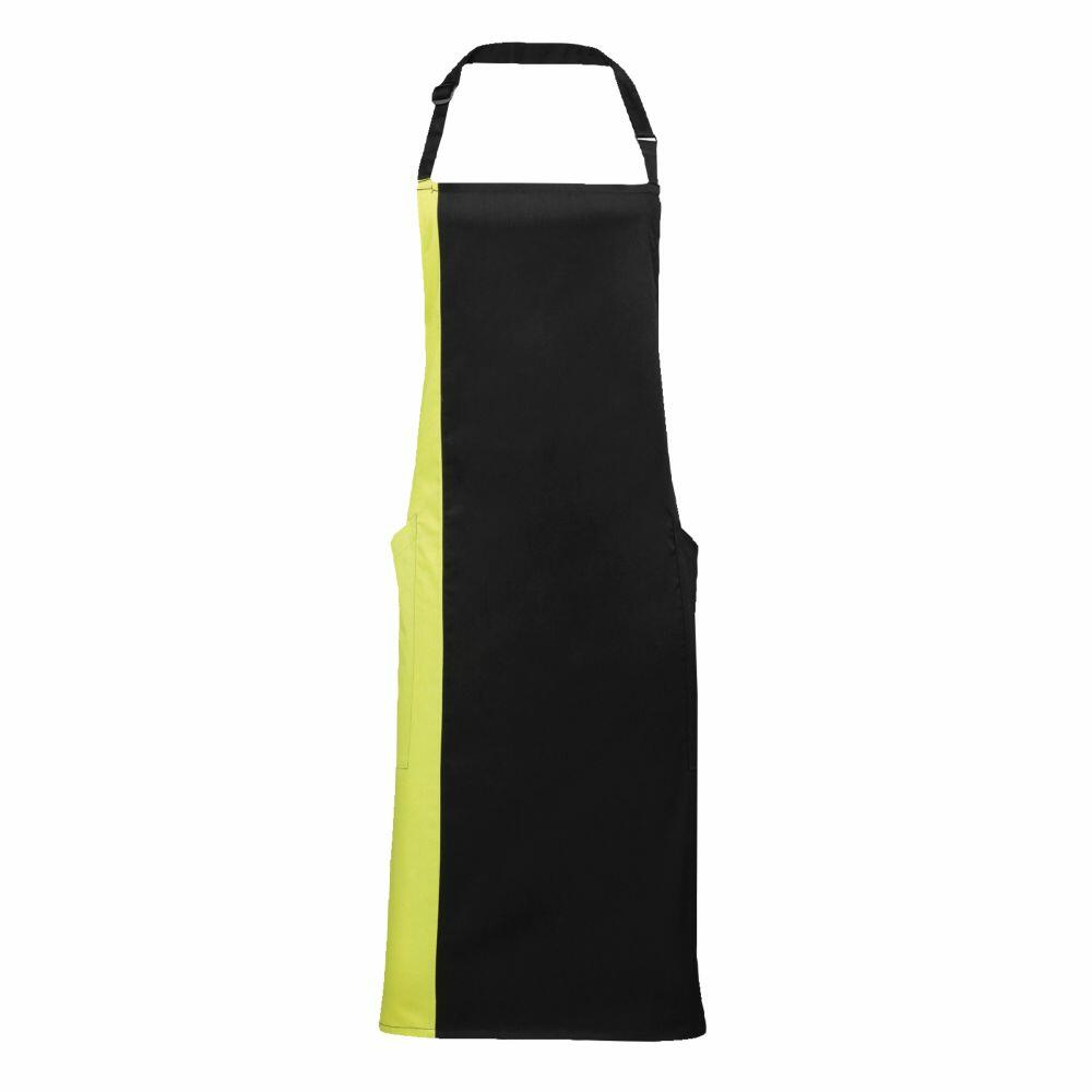 The PR162 apron by Premier is black with a bright yellow stripe on the side.