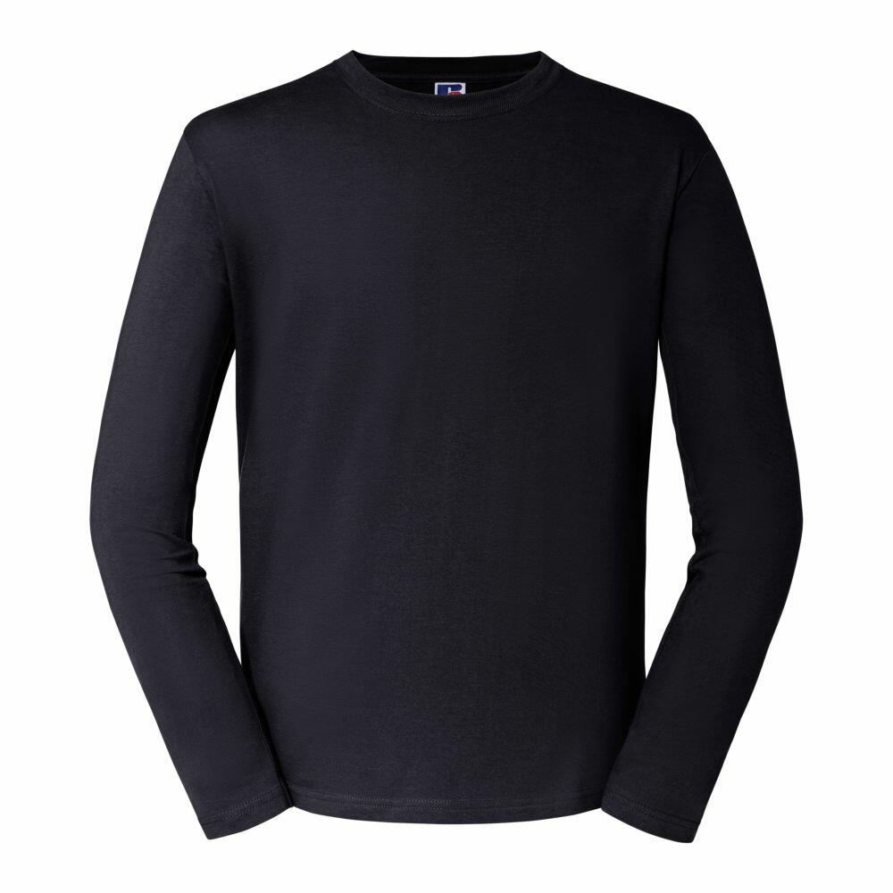 A plain black long-sleeve T-shirt, the J180L by Russell, displayed on a white background in a straight, frontal view.