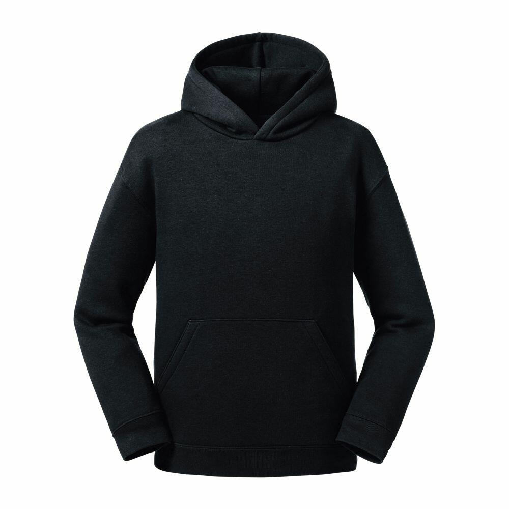 A Russell J265B hoodie in plain black with a front pocket and long sleeves.