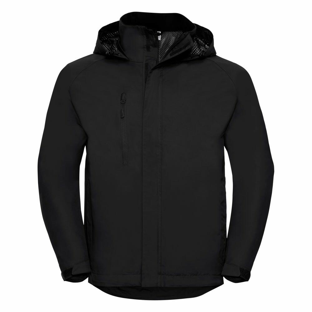 Russell's J510M is a black hooded jacket featuring a zippered front and a chest pocket.