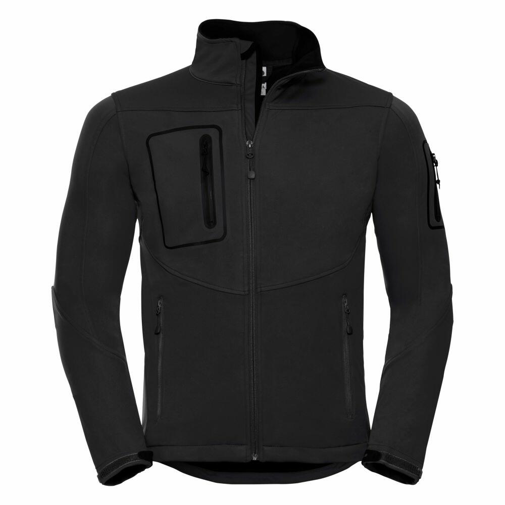The J520M jacket by Russell features a high collar and multiple zippered pockets, including ones on the chest and sleeve.