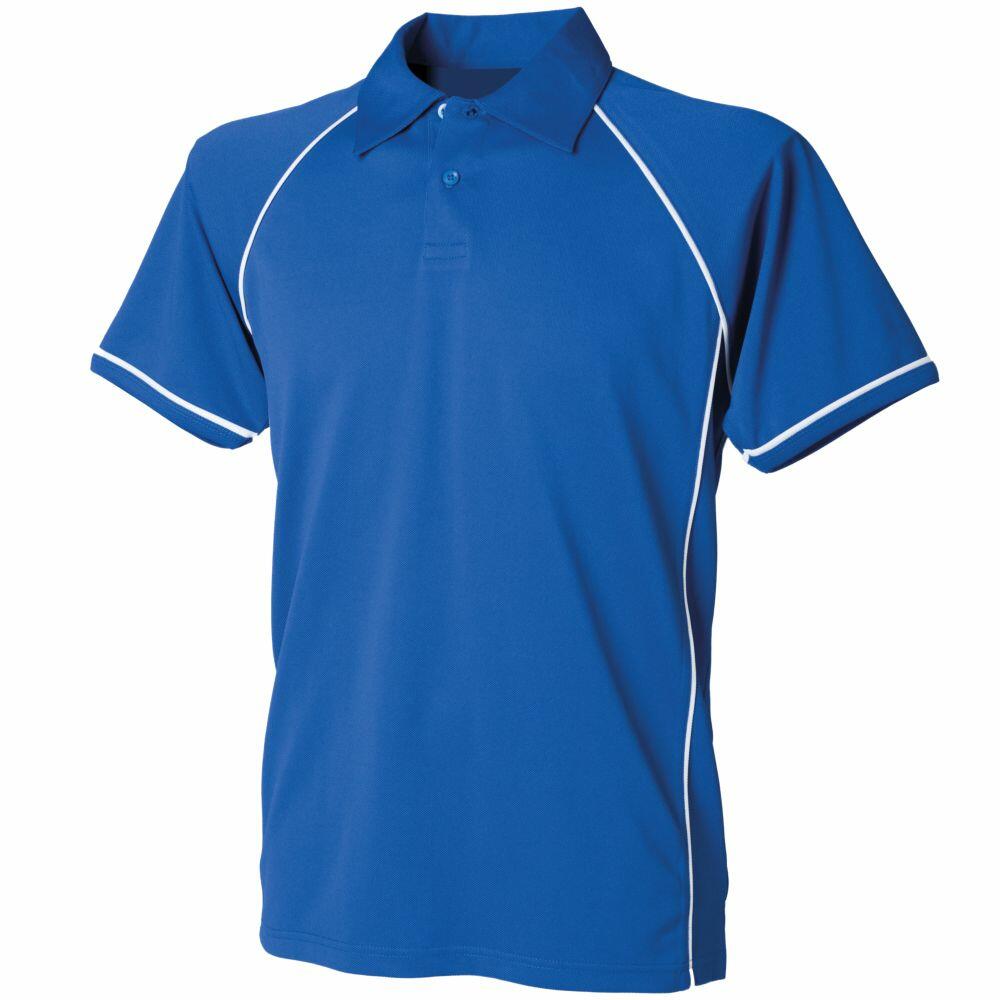 The LV372, a blue polo shirt by Finden & Hales, includes white piping along the seams and sleeves and features a collar and buttons.
