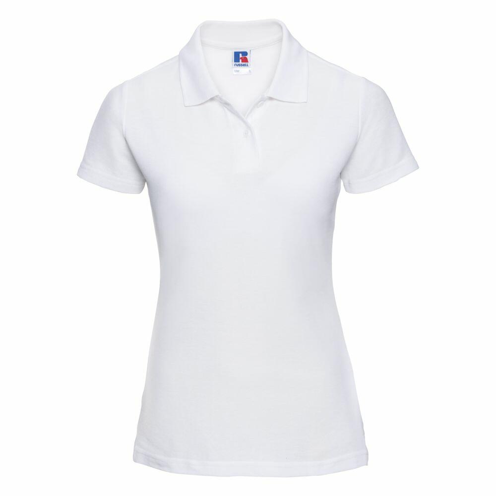 A plain white short-sleeve polo shirt featuring a collar from the Russell brand, identified as product J539F, displayed against a white background.