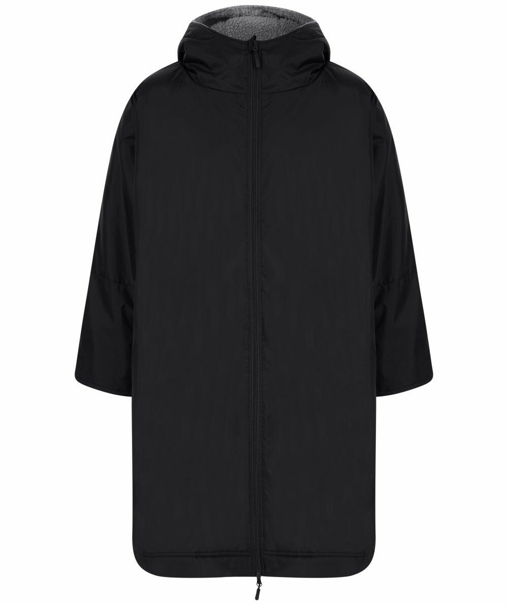 A black hooded jacket from Finden & Hales, model LV690, featuring a front zipper and three-quarter sleeves, displayed on a plain white background.