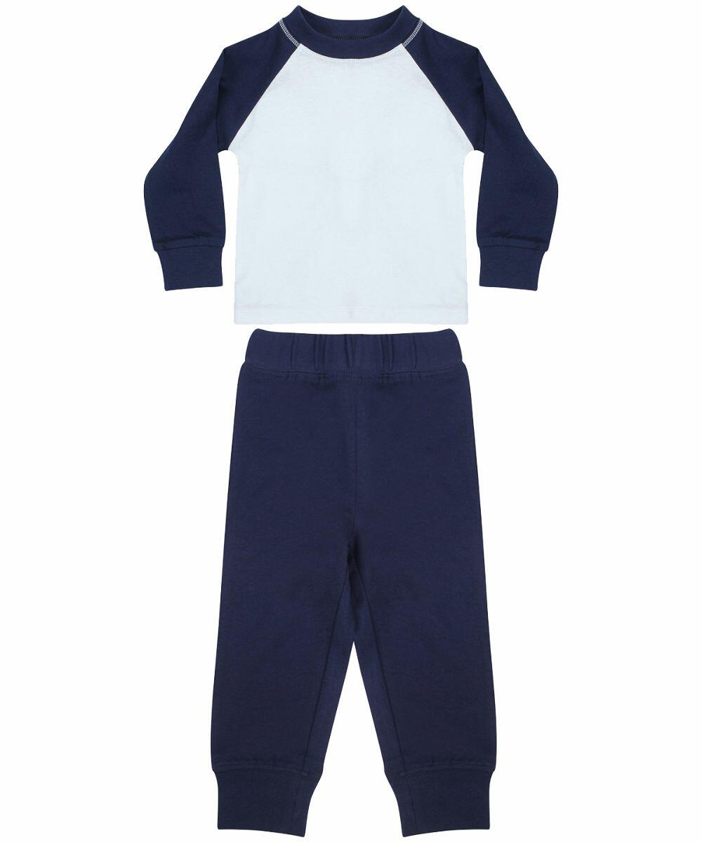 A children's outfit from the Larkwood brand, featuring the LW71T product: a long-sleeve shirt in white and navy, paired with matching navy pants.
