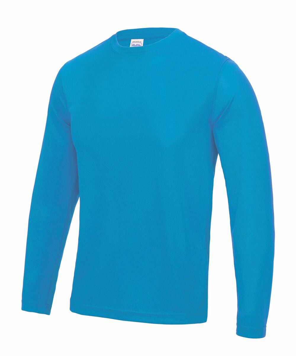The JC002 long-sleeve T-shirt from AWDis Just Cool is shown on a white background. It features a plain blue color, a round neckline, and boasts a simple, casual design.