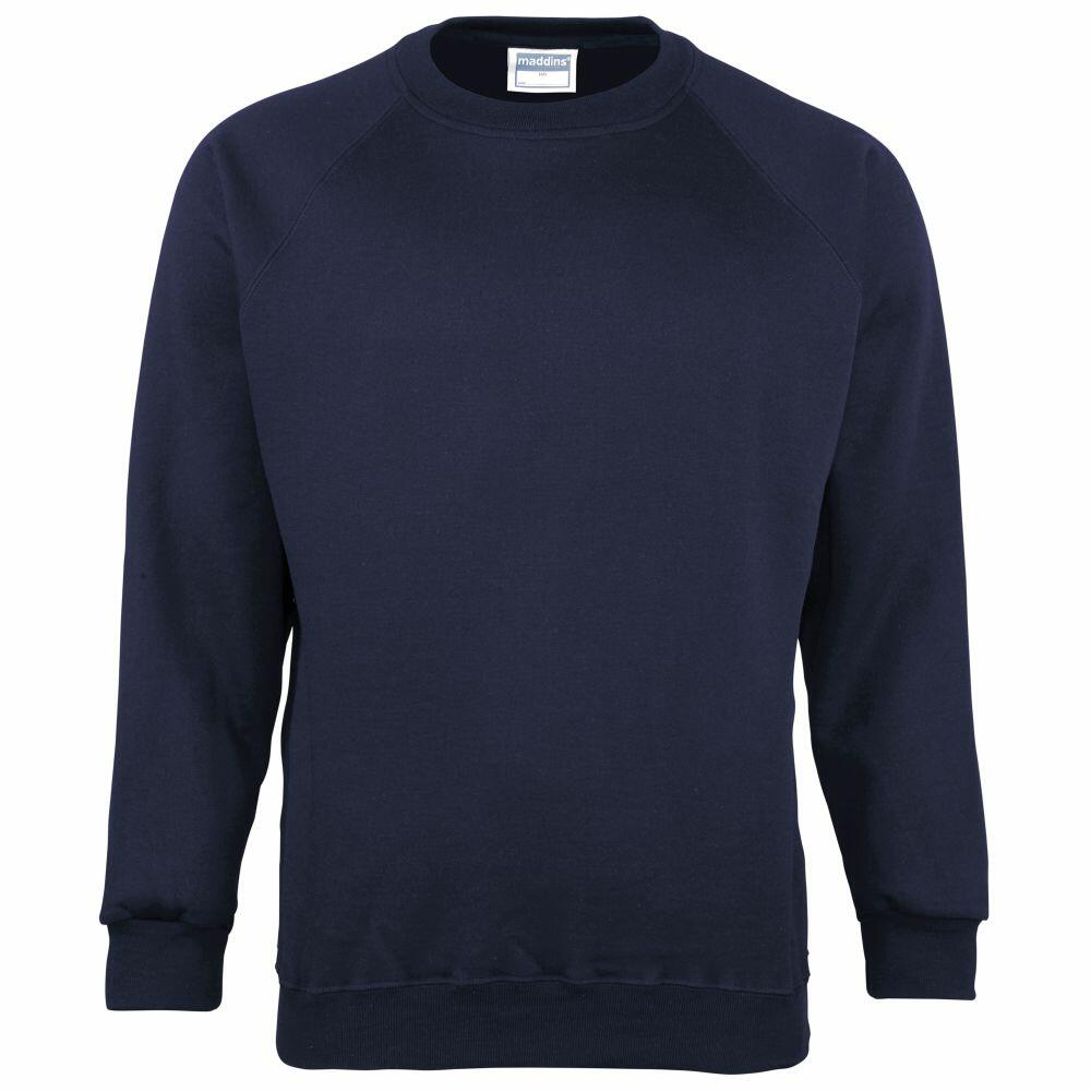 A plain, dark blue Maddins MD01B crewneck sweatshirt with long sleeves is displayed against a white background. The fabric appears soft and comfortable, making it suitable for casual wear.