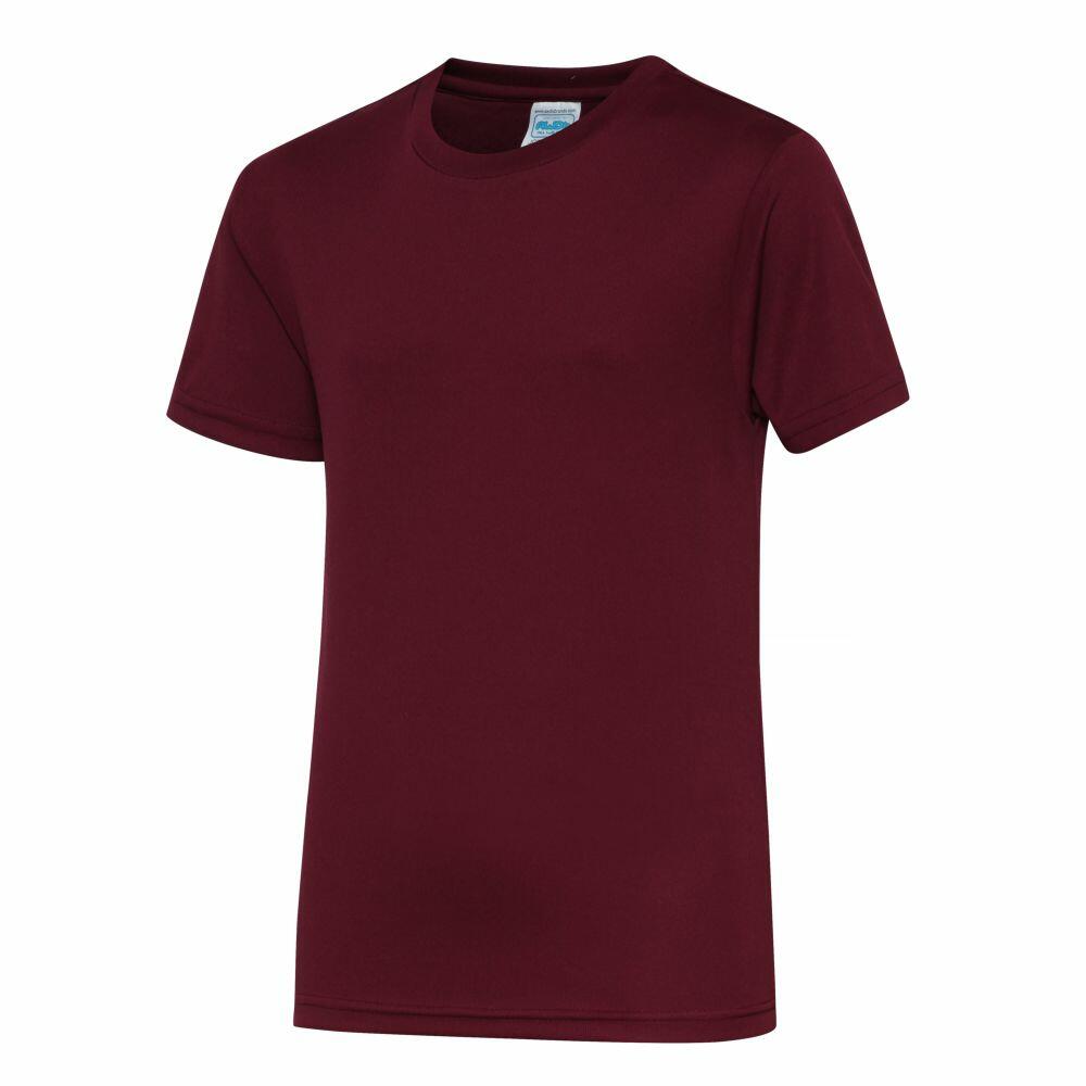 A JC01J T-shirt by AWDis Just Cool, featuring a plain maroon color and short sleeves, is displayed against a white background.
