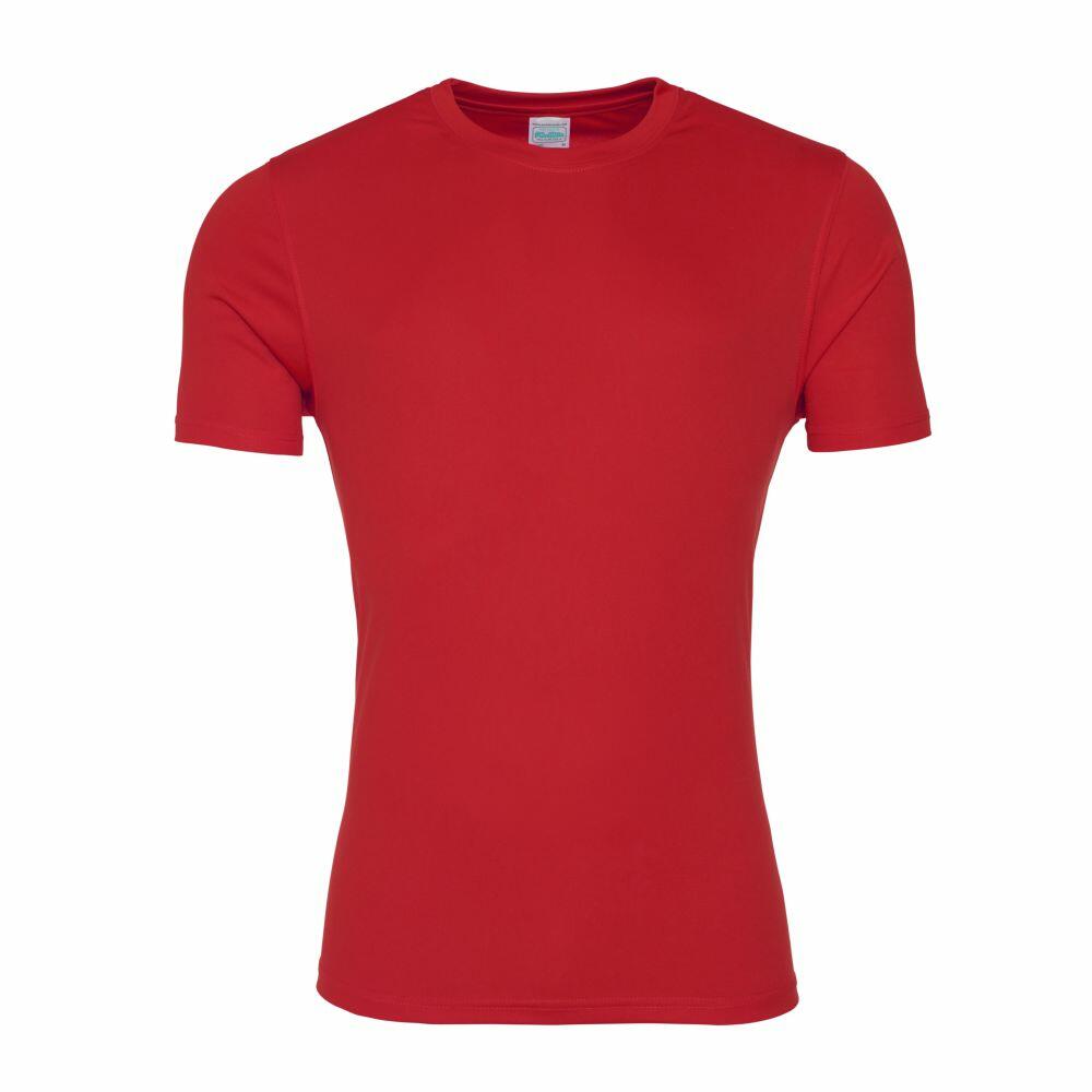 The JC020 T-shirt by AWDis Just Cool is a plain red top featuring short sleeves and a classic crew neck design, set against a white background.