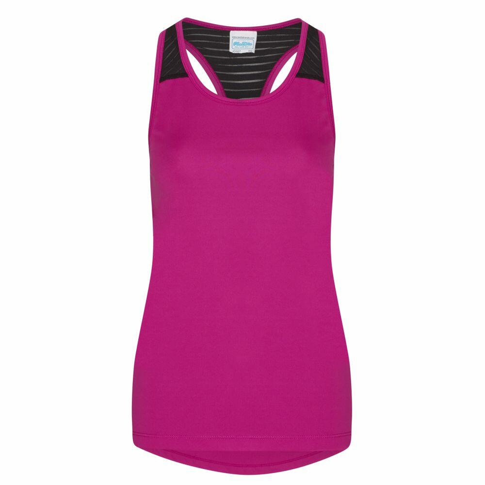 The JC027 by AWDis Just Cool is a sleeveless athletic tank top in magenta, featuring black mesh accents on the shoulders, a racerback design, and a small label on the back.
