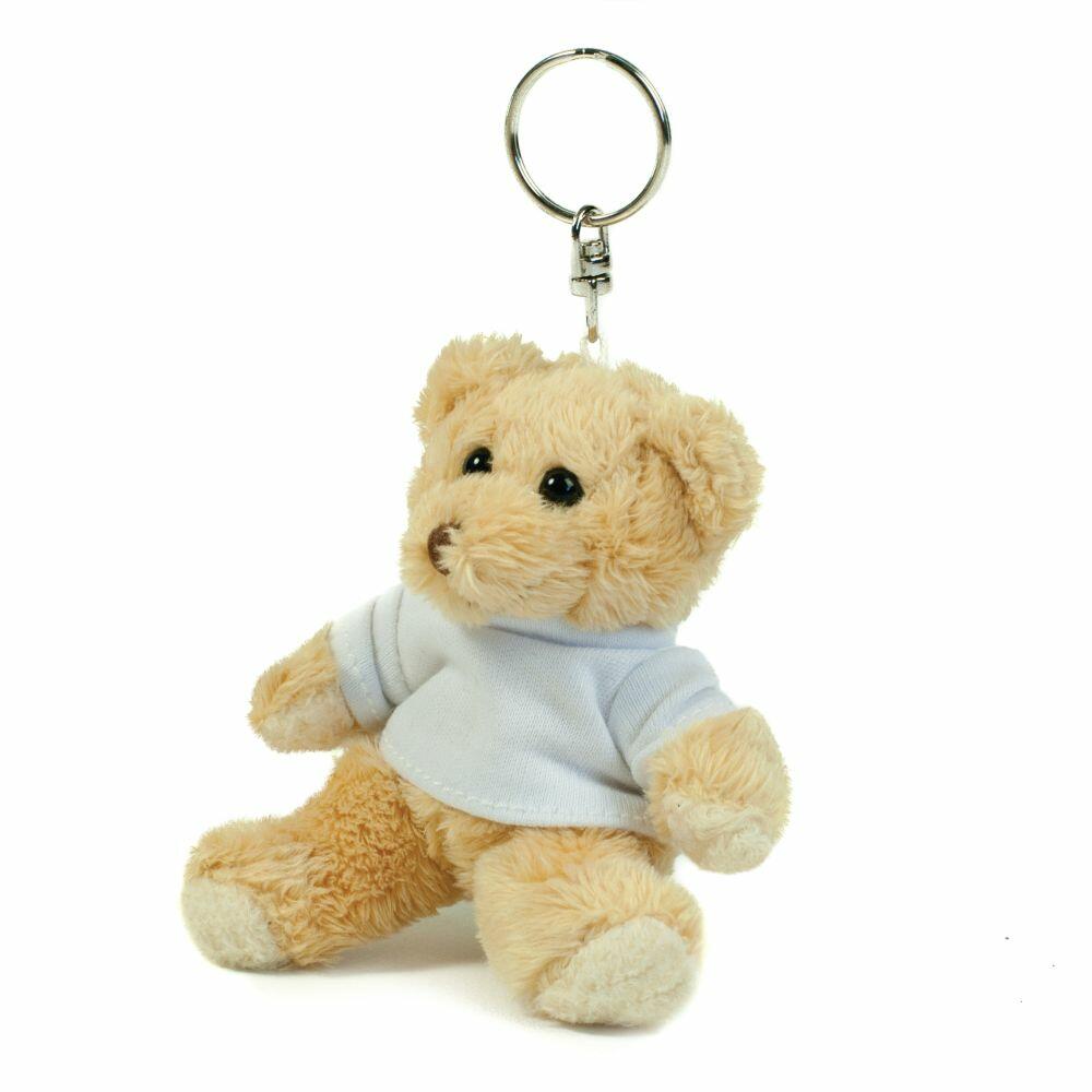 The Mumbles MM023 is a small teddy bear keychain with a light blue shirt attached to a silver key ring.